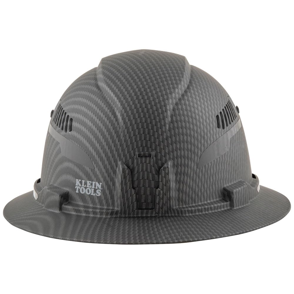 Klein Tools KARBN rechargeable headlamp attached to back mount on helmet.