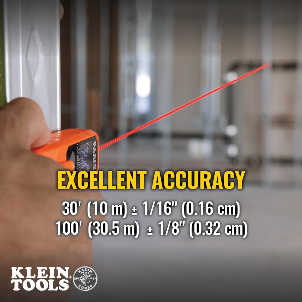 Klein Tools laser distance measure offers 1/16-inch accuracy up to 30 feet.