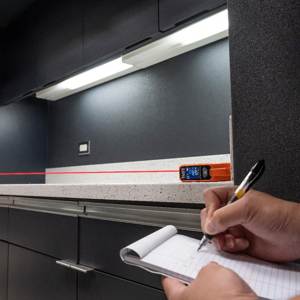 Klein Tools laser distance measure features a highly visible display.
