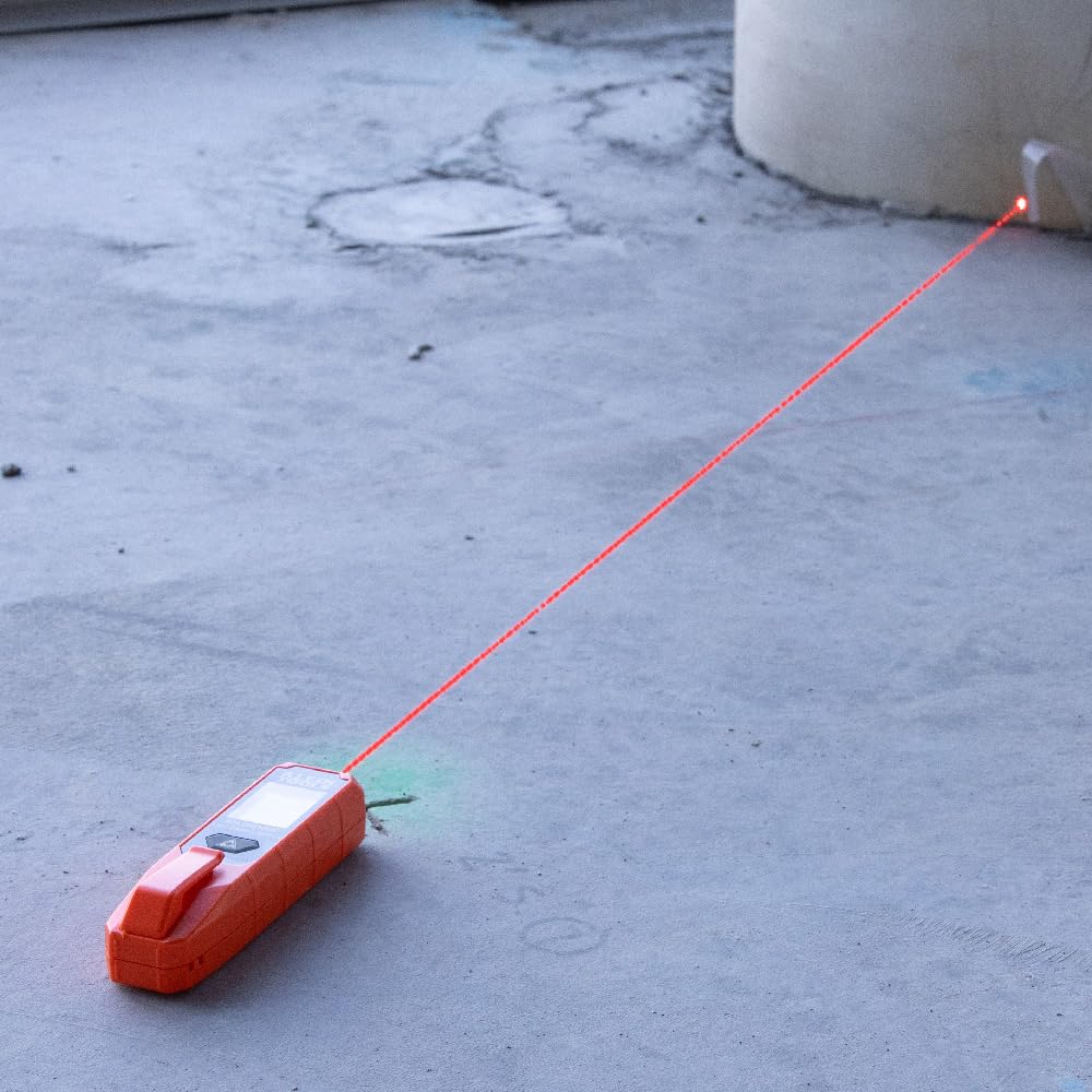 Klein Tools laser distance measure features one-button operation.