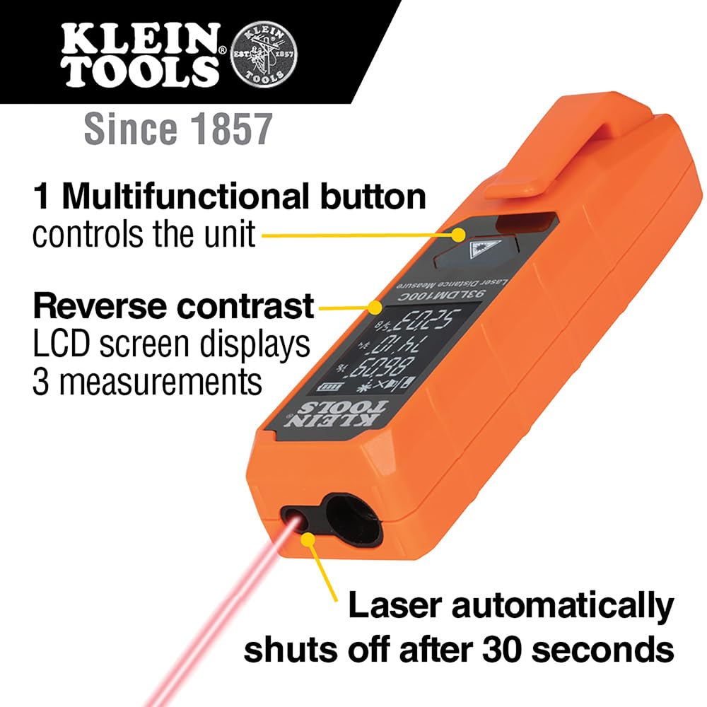 Klein Tools laser distance measure with pocket clip for quick access.