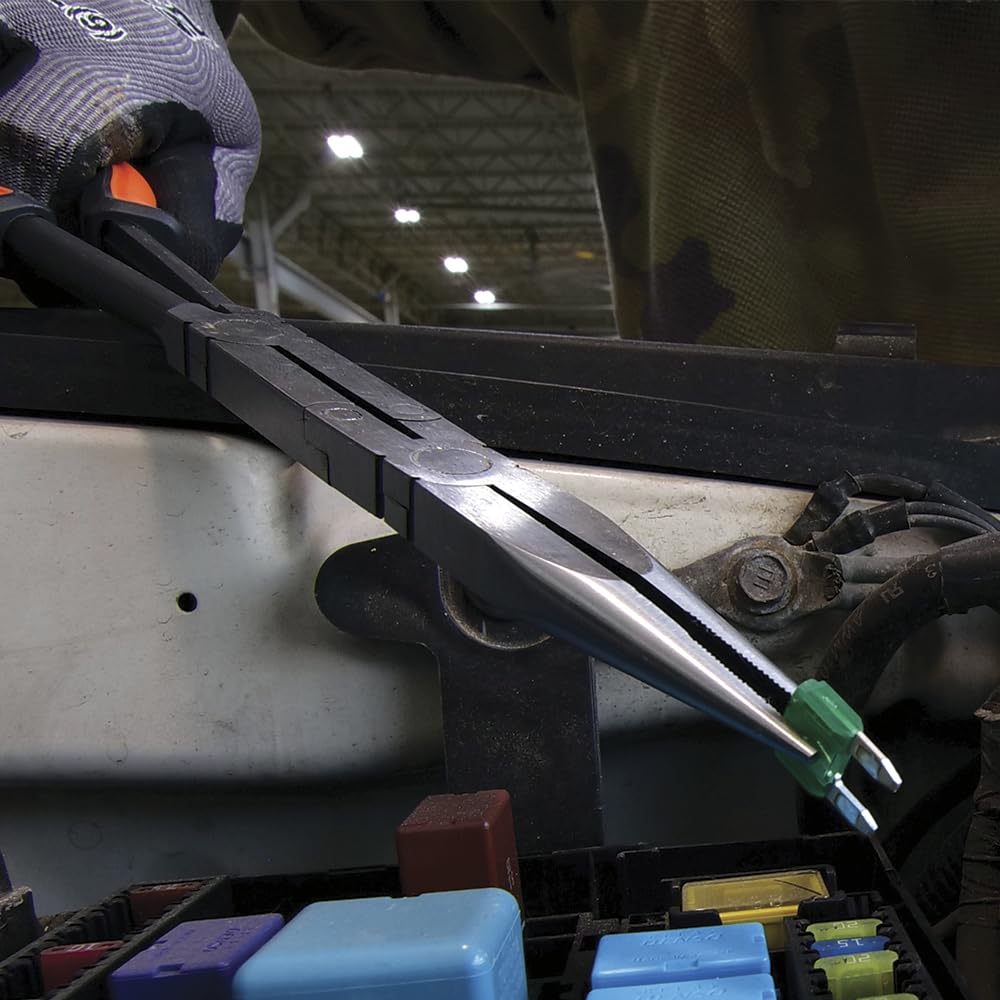 Klein Tools 71402 long-reach pliers with bent jaws for angled access.