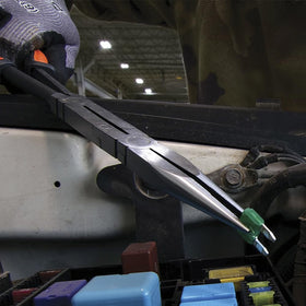 Klein Tools 71402 long-reach pliers with bent jaws for angled access.