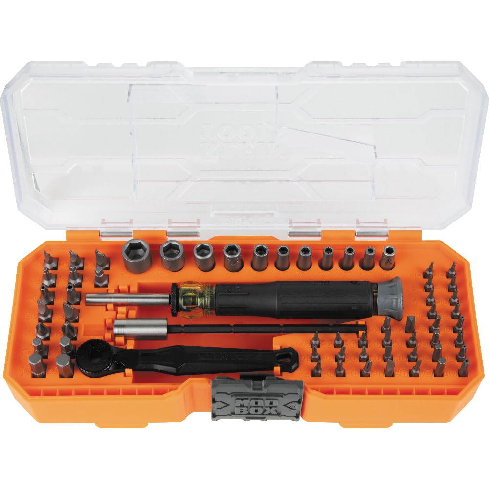 Klein Tools micro-ratchet in use for precise fastening in tight spaces.