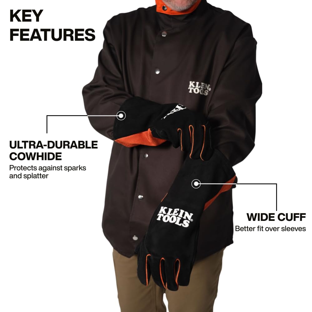 Klein Tools MIG welding gloves featuring flame-resistant fleece liner for extended comfort