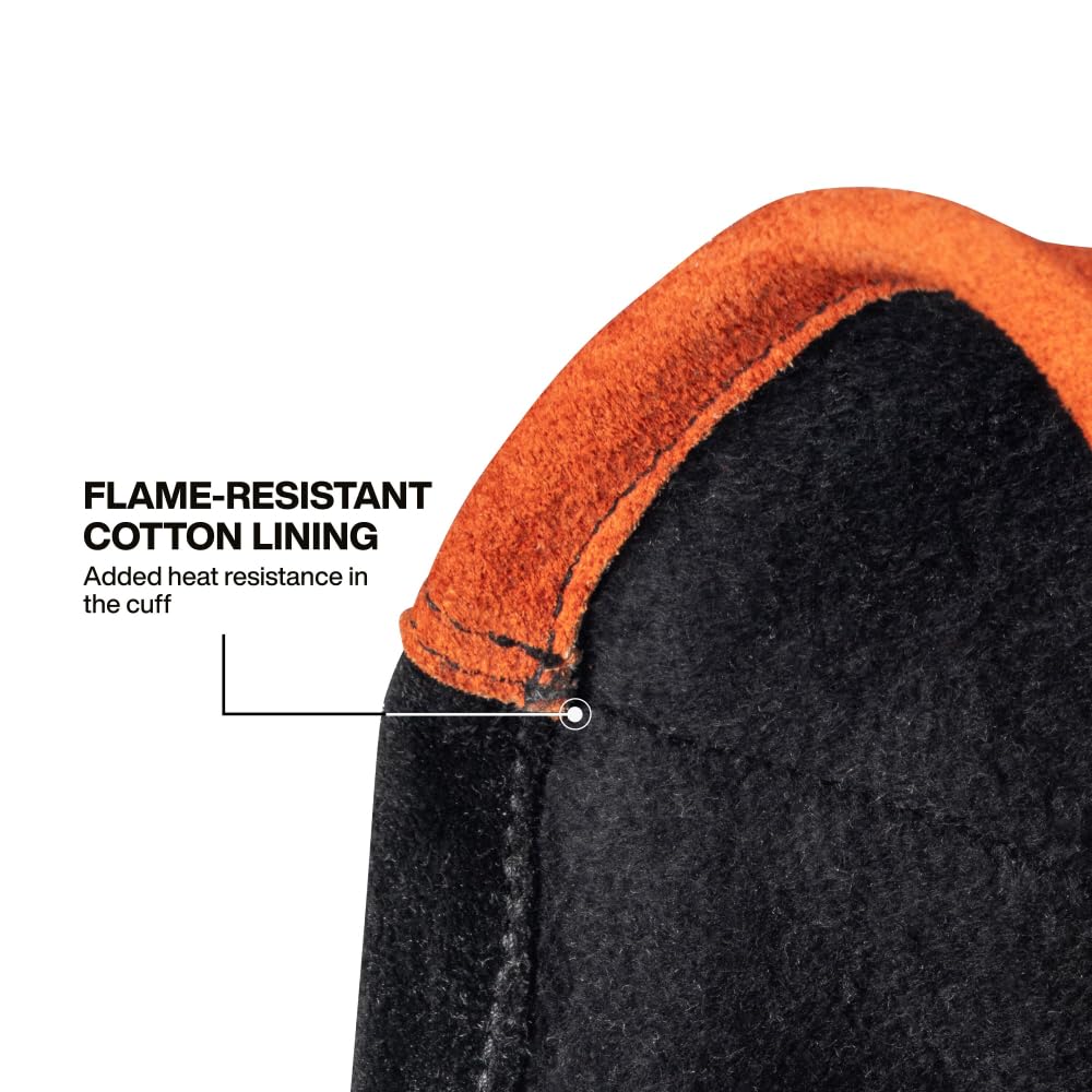 Klein Tools MIG gloves showing reinforced palm, thumb, and index finger for durability