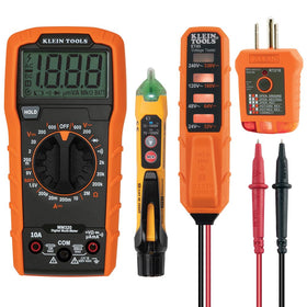 Klein Tools MM320KIT digital multimeter display for precise voltage and resistance readings.
