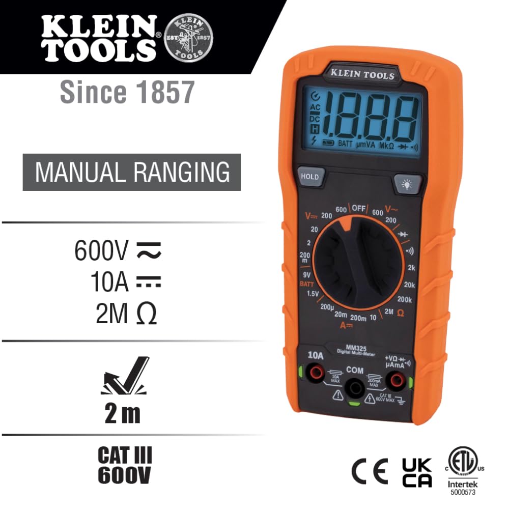 Klein Tools MM325 backlit display enabling clear readings in low light