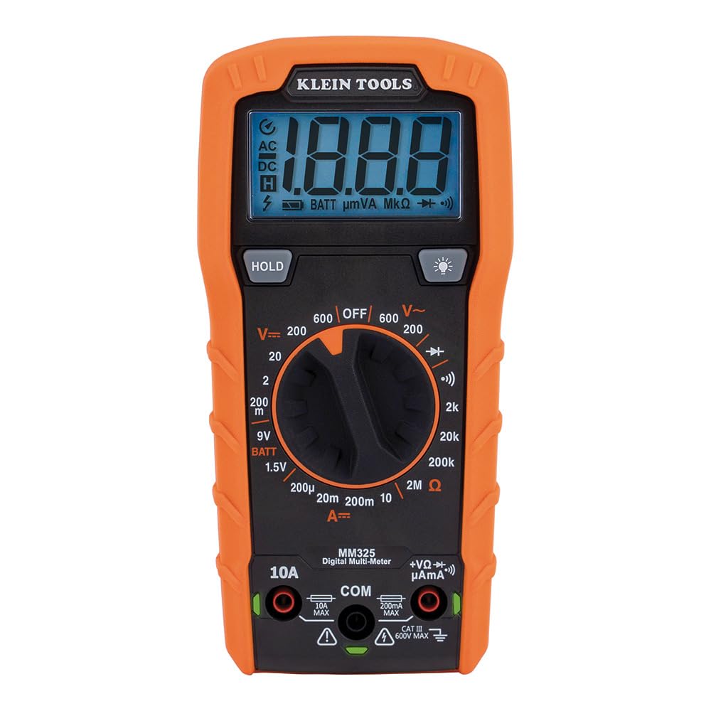 Klein Tools MM325 front view highlighting rugged handheld design for on-site testing
