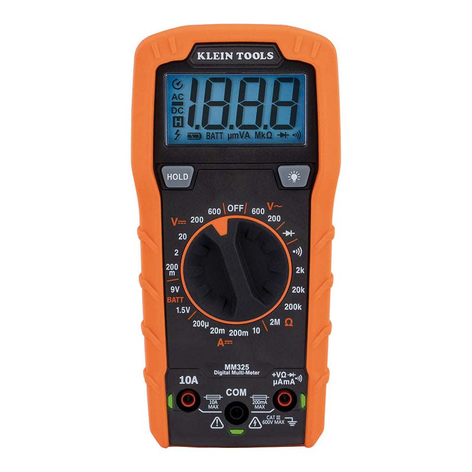 Klein Tools MM325 front view highlighting rugged handheld design for on-site testing