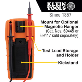 Klein Tools MM420 600V AC/DC input for safe high-voltage measurements.