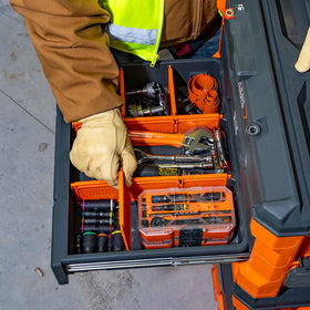Klein Tools MODbox stackable design supports a modular mobile workstation.