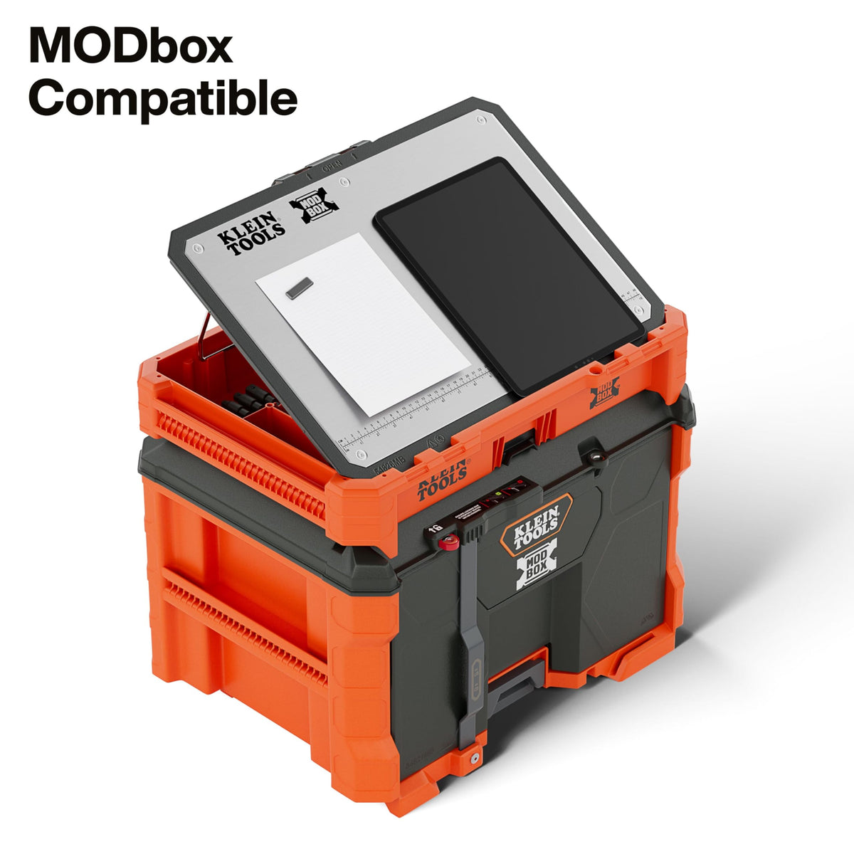 Klein Tools MODbox compatibility enables seamless, modular mobile organization.