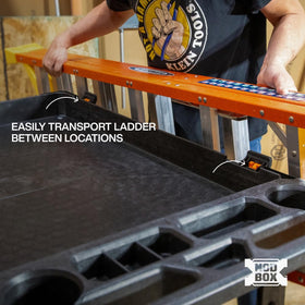 Klein Tools MODBox ladder holder horizontal storage keeps ladders accessible.
