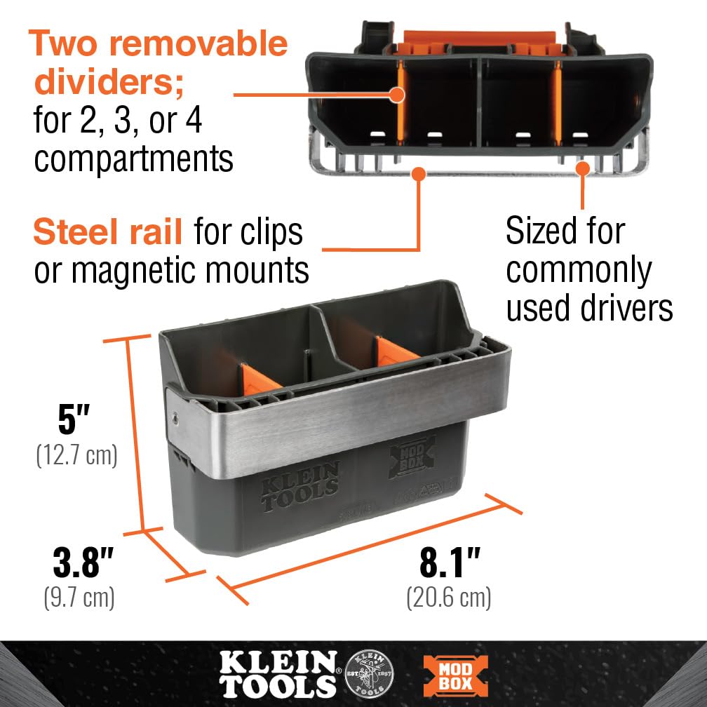 Klein Tools MODbox one-handed release demonstrates effortless attachment and mobility.