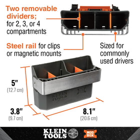 Klein Tools MODbox one-handed release demonstrates effortless attachment and mobility.