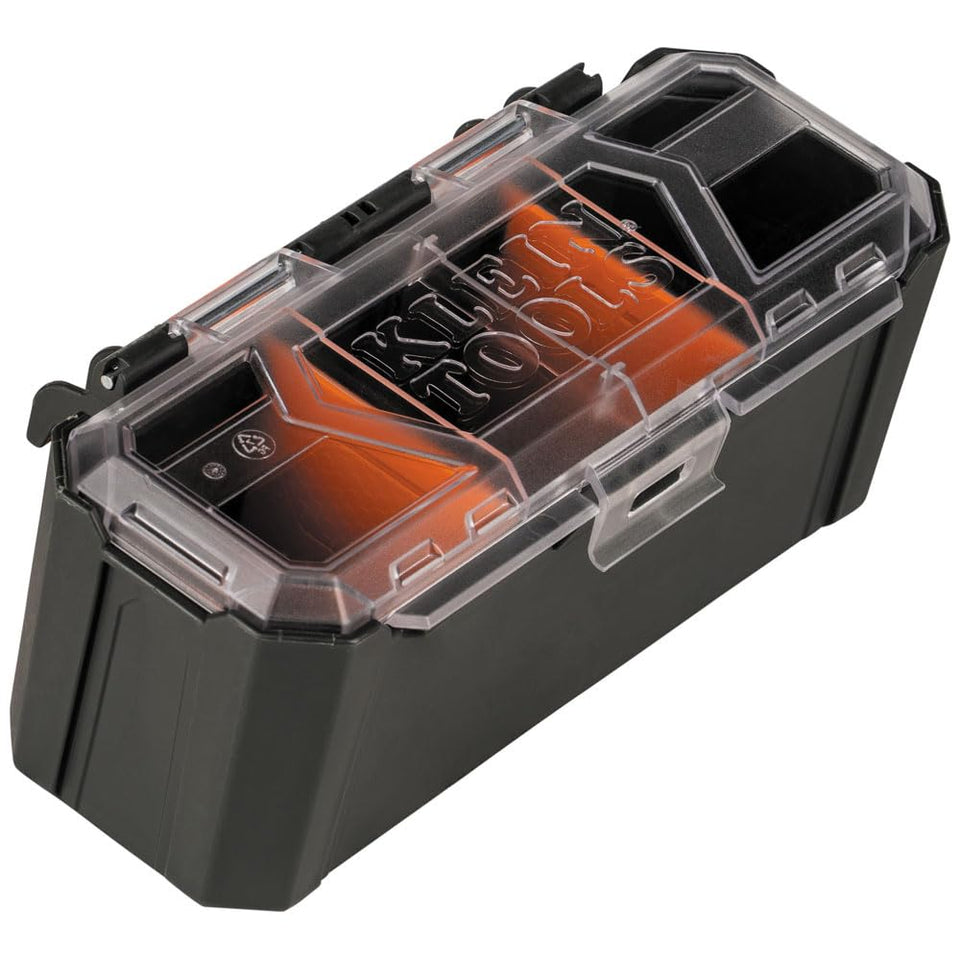 Klein Tools MODbox parts bin rail attachment enabling organized storage on a side-mounted rail