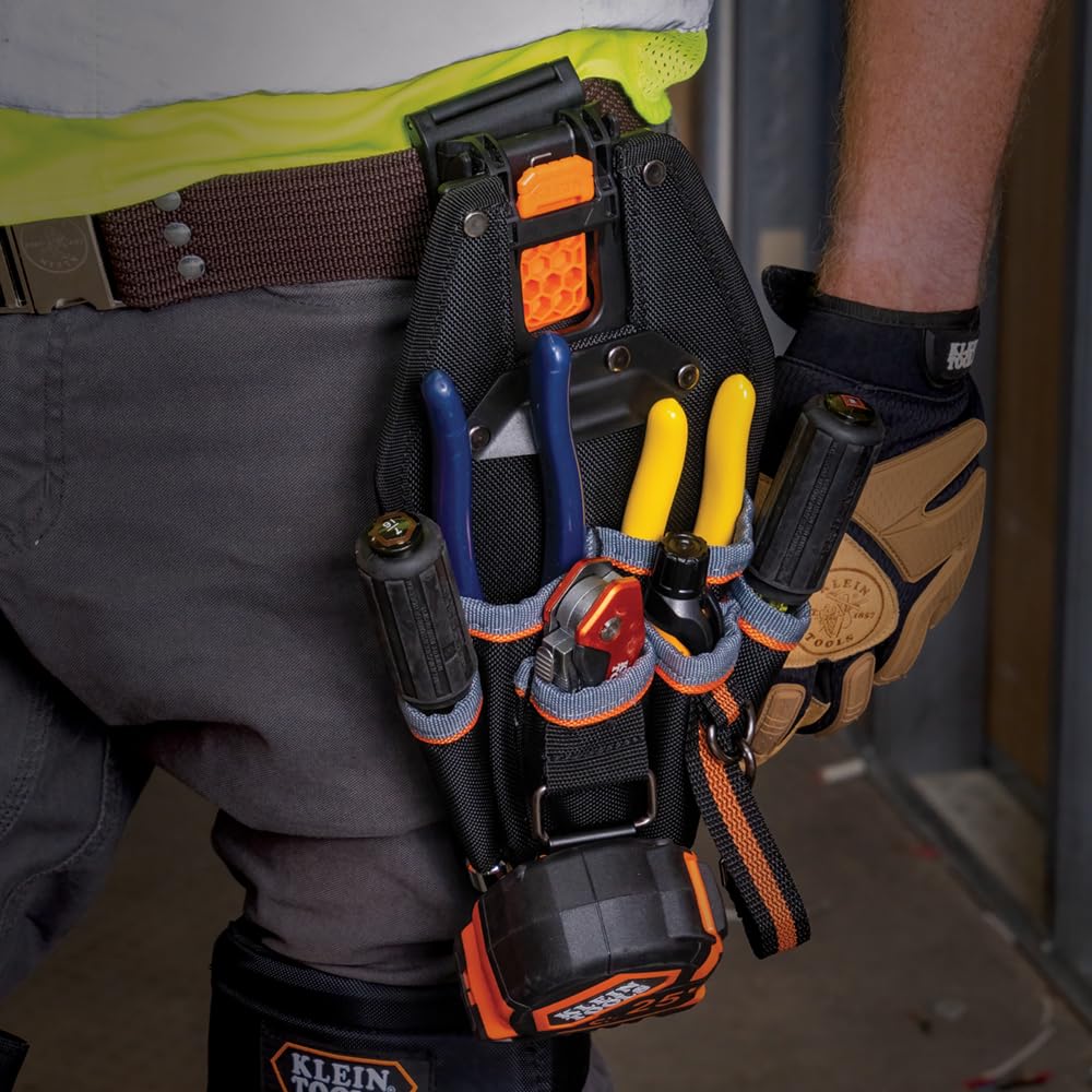 Klein Tools MODbox pouch pivots 30 degrees to stay upright and accessible.