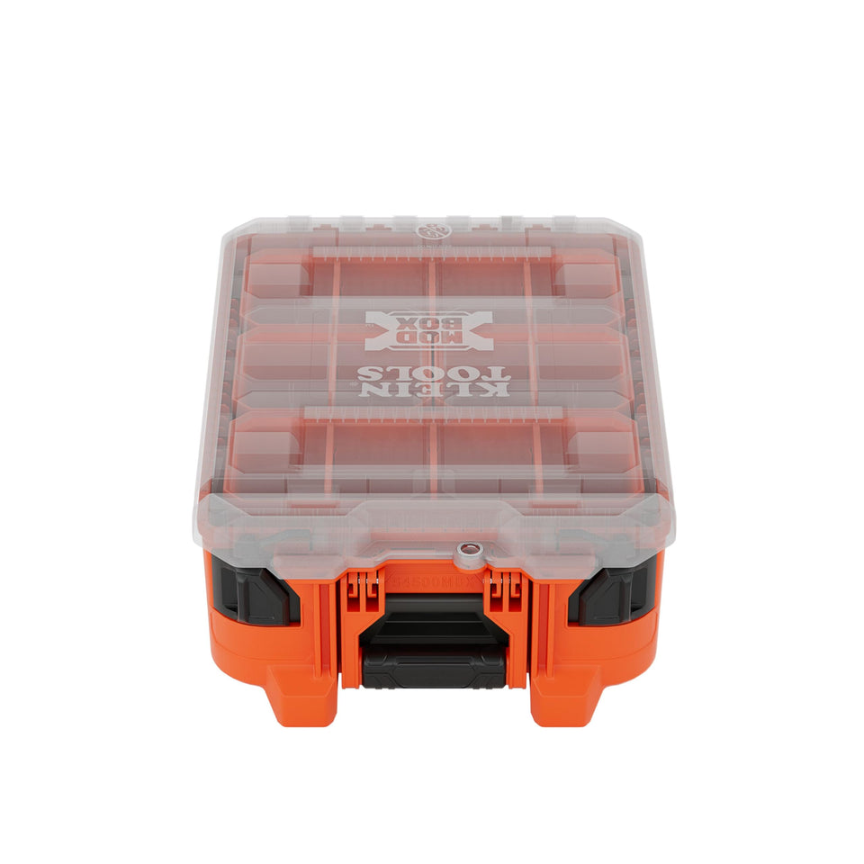 Klein Tools MODbox Tall with lid closed showing secure storage for small parts on job sites