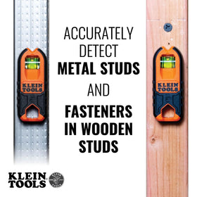 Klein Tools MSF100 shows rare-earth magnet detecting metal studs for fast identification.
