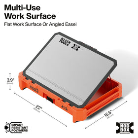 Klein Tools multi-position worktop adapts as a flat surface, easel, or parts tray.