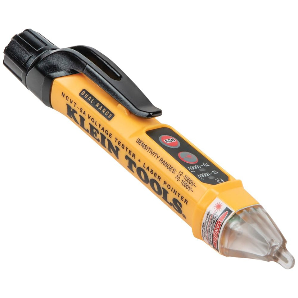 Klein Tools NCVT-5A non-contact voltage tester detects live voltage on cables.