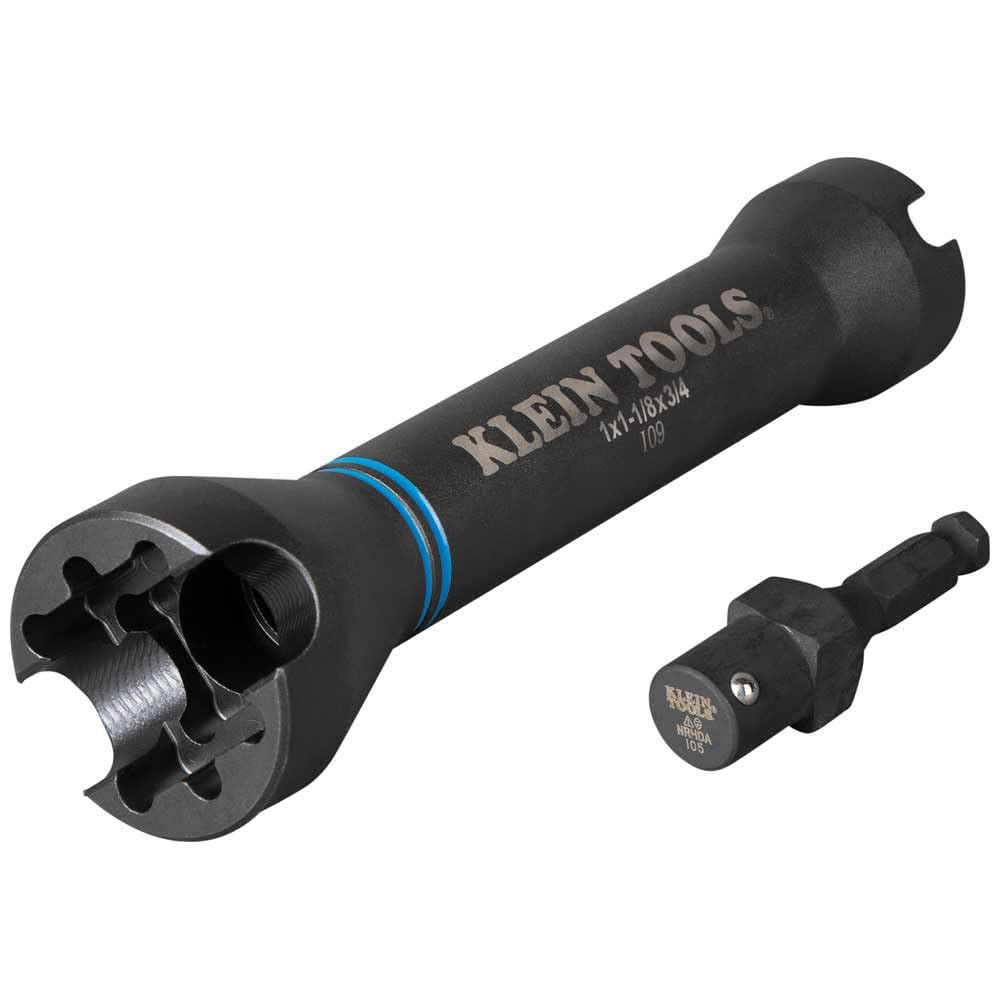 Klein Tools NRHD 5-in-1 impact socket shows 3/4, 1, and 1-1/8 inch sizes for versatile fittings