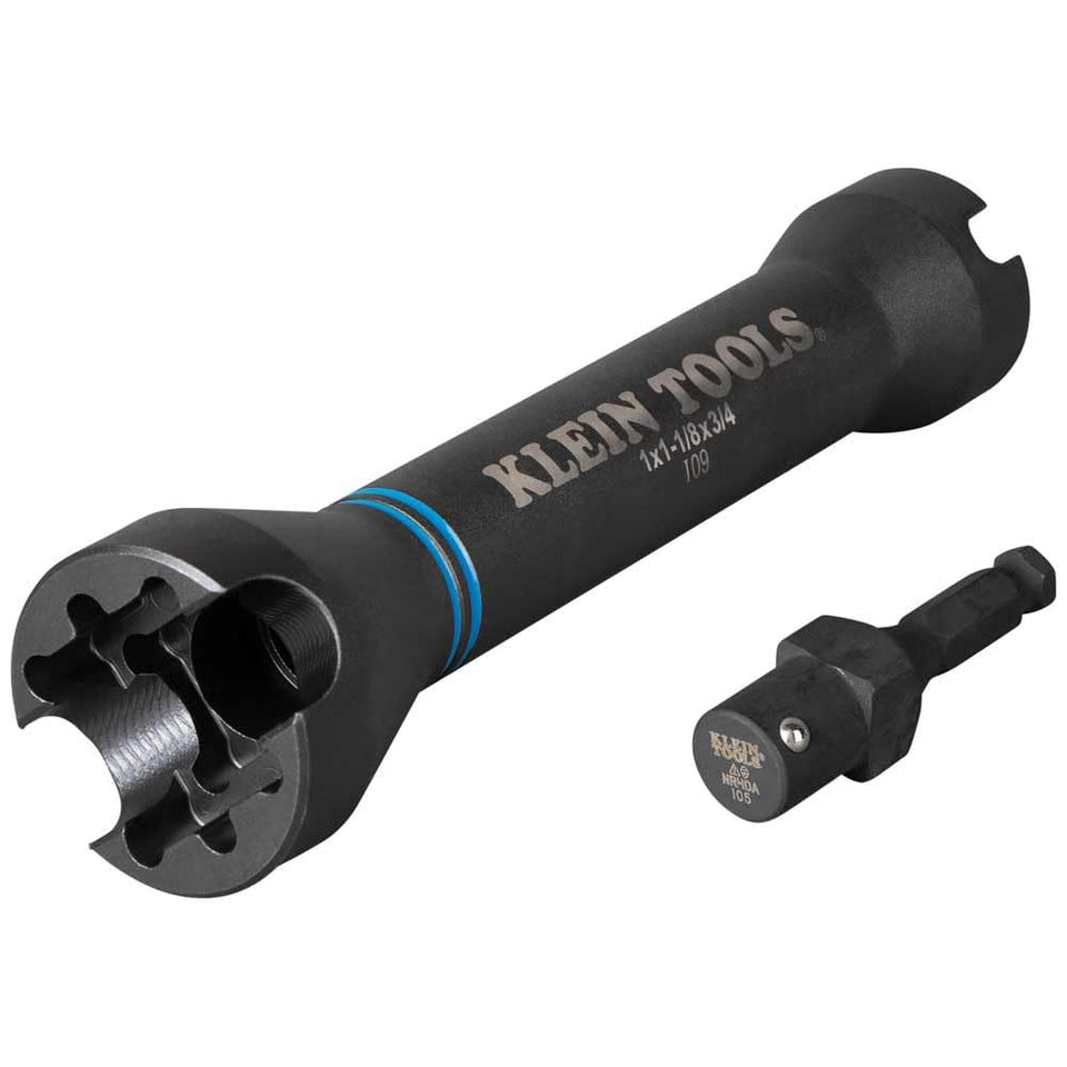 Klein Tools NRHD 5-in-1 impact socket shows 3/4, 1, and 1-1/8 inch sizes for versatile fittings