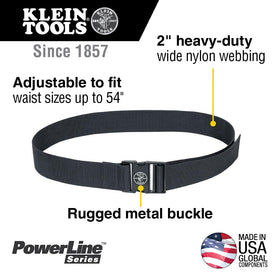 Klein Tools PowerLine web belt adjustable strap showing sizing range