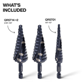 Klein Tools QRST2S step bit set shows durable coating and hex shank for impact drivers