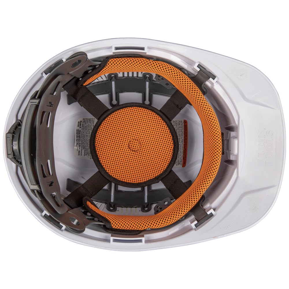 Klein Tools suspension with ratchet adjustment for one-hand fit, even with gloves.