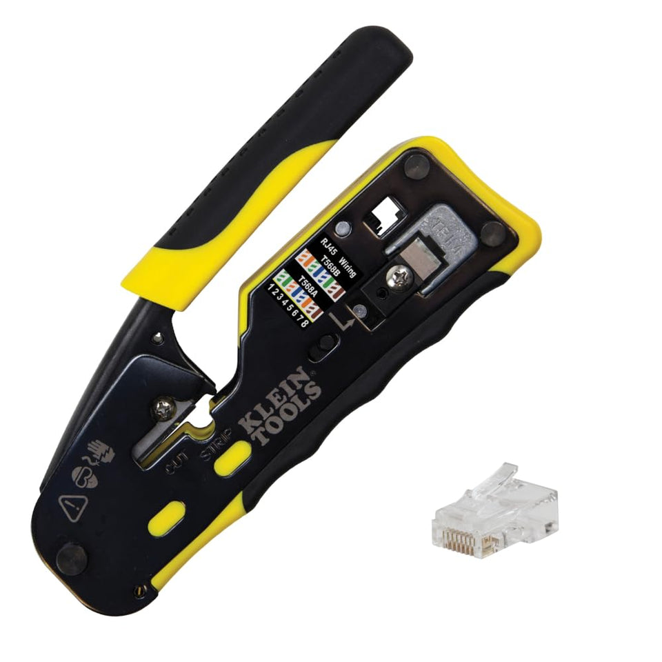 Klein Tools ratcheting data cable crimper in action delivering secure terminations.
