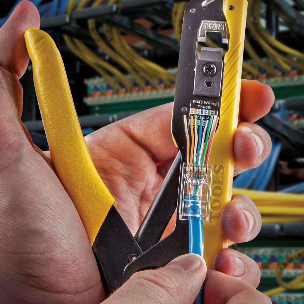 RJ45 Pass-Thru modular crimper with quick connector installs.