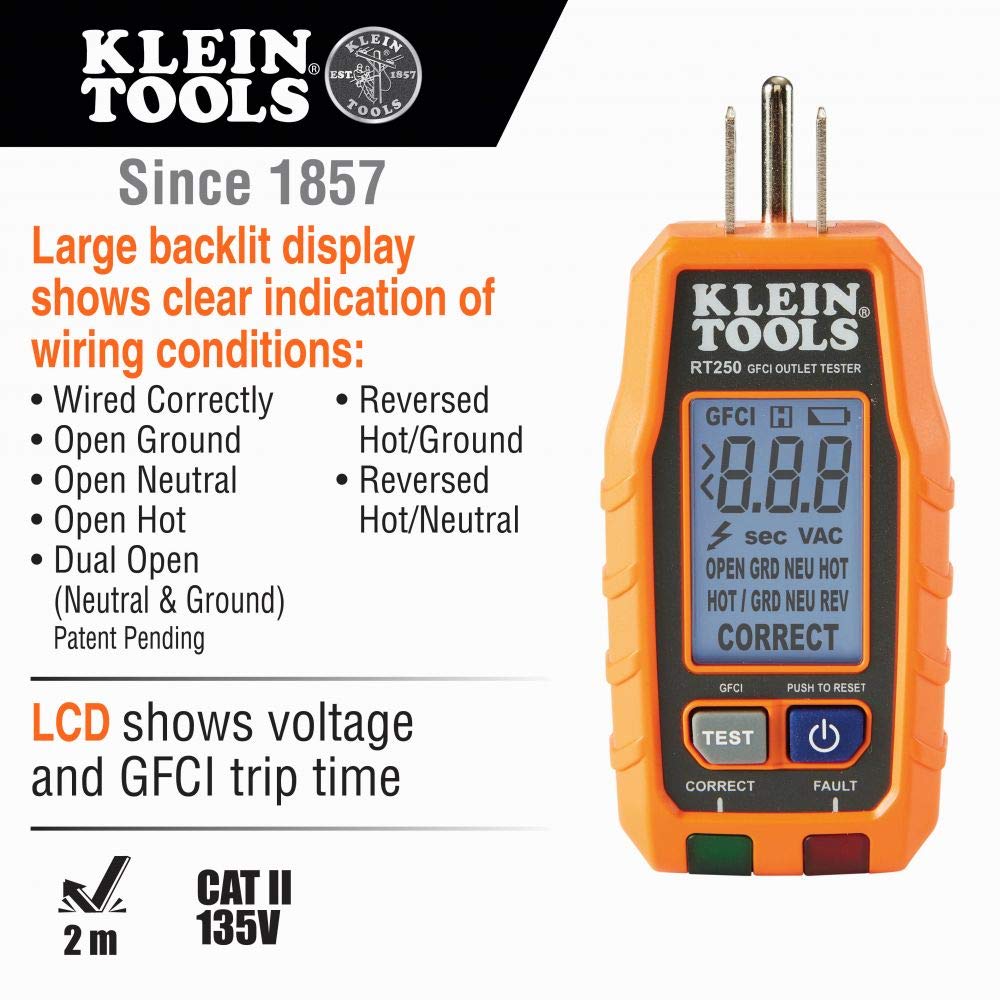 Klein Tools RT250KIT GFCI testing feature identifies wiring faults quickly