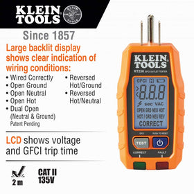Klein Tools RT250KIT GFCI testing feature identifies wiring faults quickly