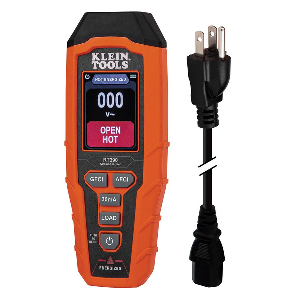 Klein Tools RT390 with large color LCD displaying wiring status for quick checks