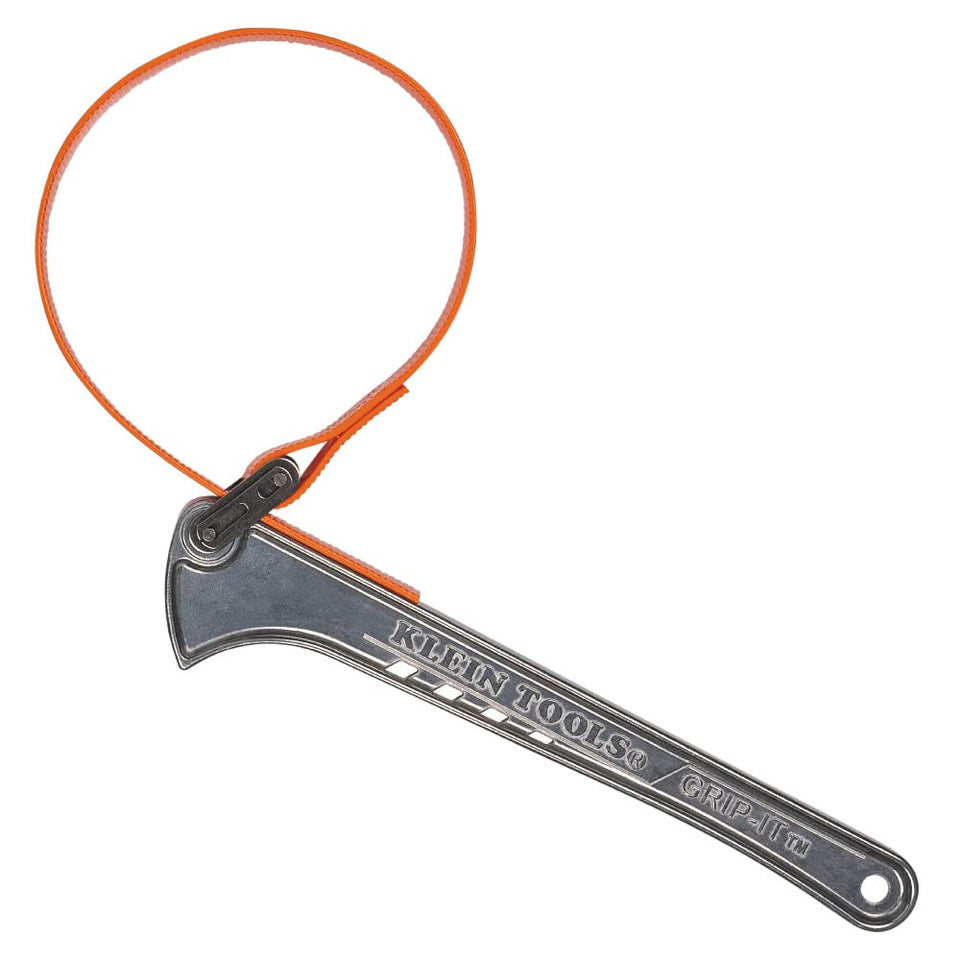 Klein Tools S12HB strap wrench with adjustable grip in a tight space.