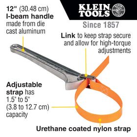 Klein Tools S12HB strap wrench adjustable from 1-1/2 to 5 inches.