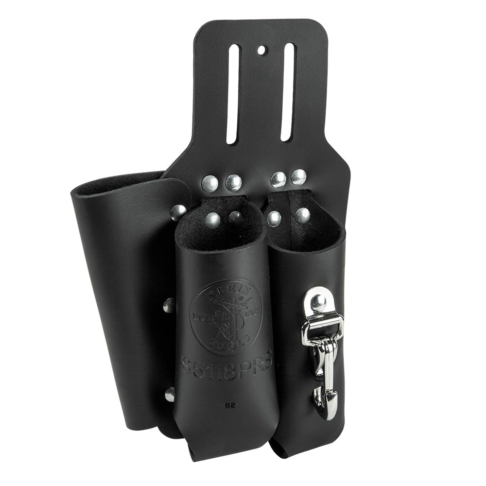 Klein Tools S5118PRS leather tool holder with three pockets on belt for organized pliers and tools