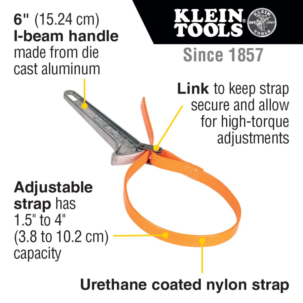 Klein Tools S6HB strap wrench demonstrates adjustable diameter from 1-1/2 to 4 inches.