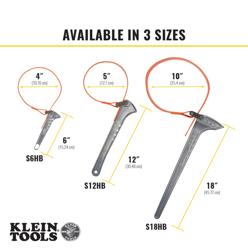 Klein Tools S6HB strap wrench shows urethane-covered belting for surface protection.