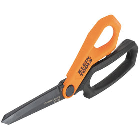Klein Tools T2110 multi-purpose scissors cut leather, flooring, roofing, and metal.