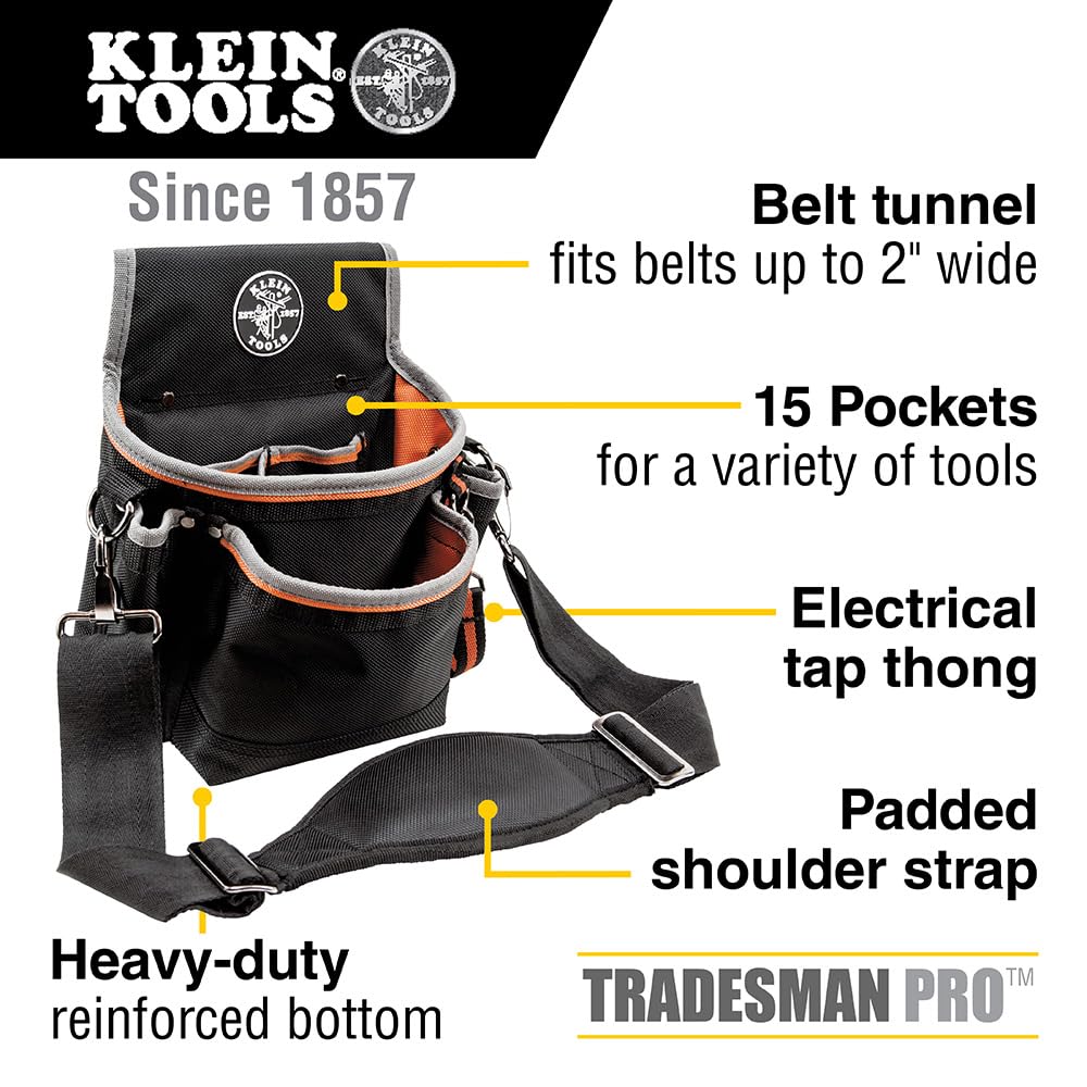 Klein Tools Tradesman Pro Tool Pouch shows multiple pockets to organize gear.