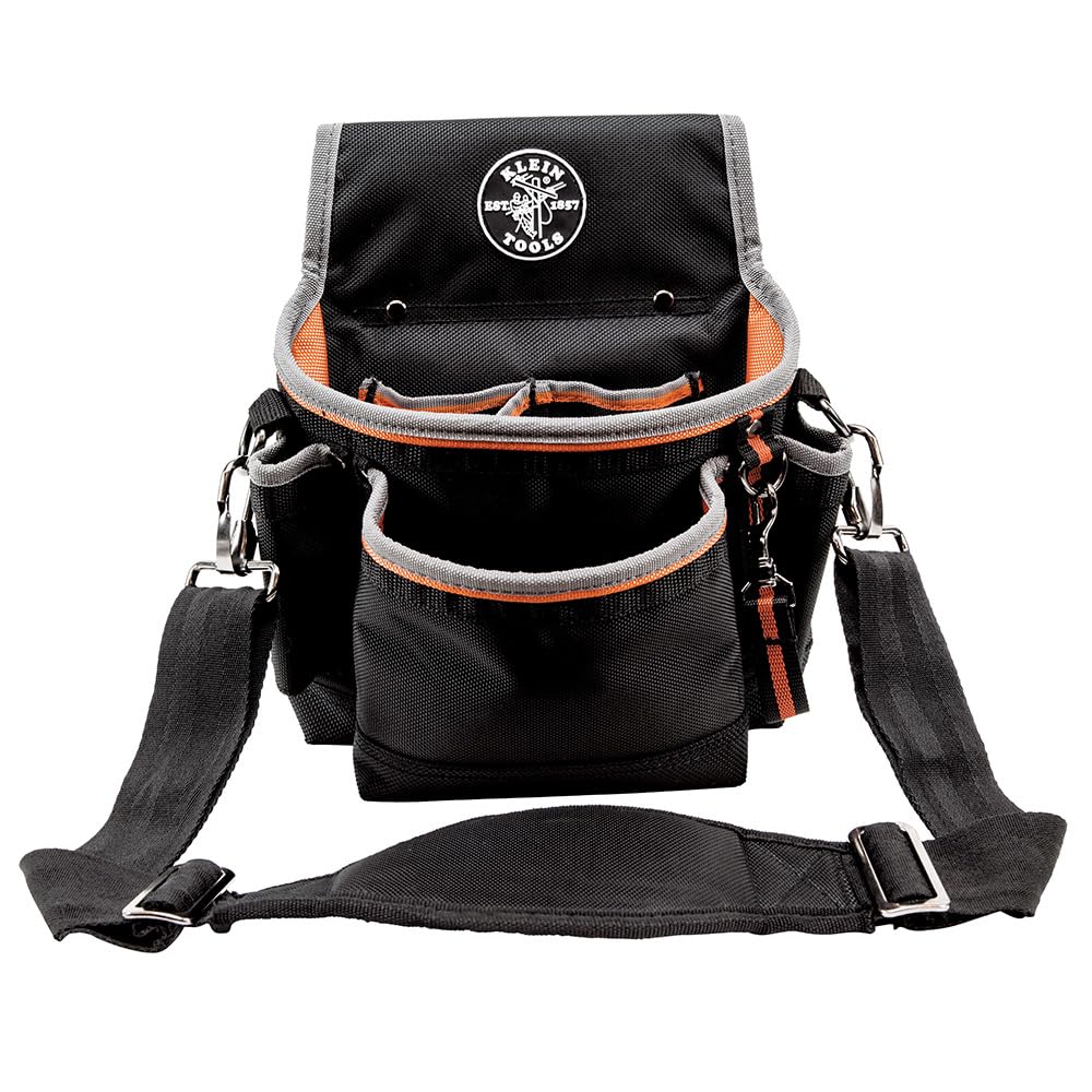 Klein Tools Tradesman Pro Tool Pouch with tape thong keeps tape handy.