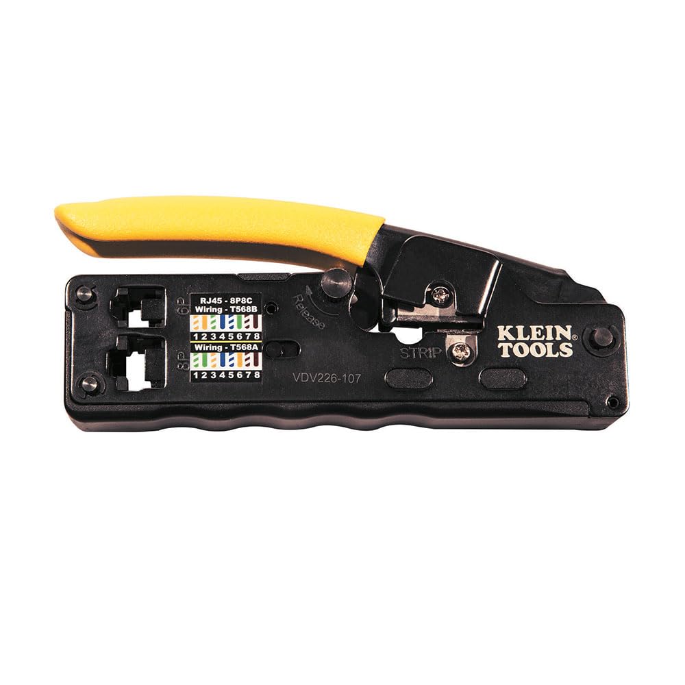 Klein Tools VDV226-107 compact crimping action for RJ45 and RJ11 connectors.