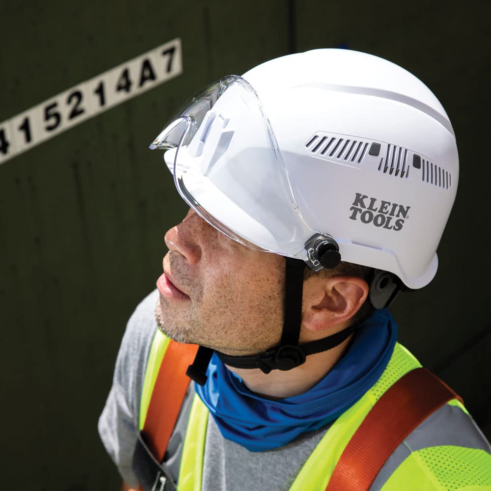 Klein Tools VISORCLR anti-fog coating stays clear even with masks