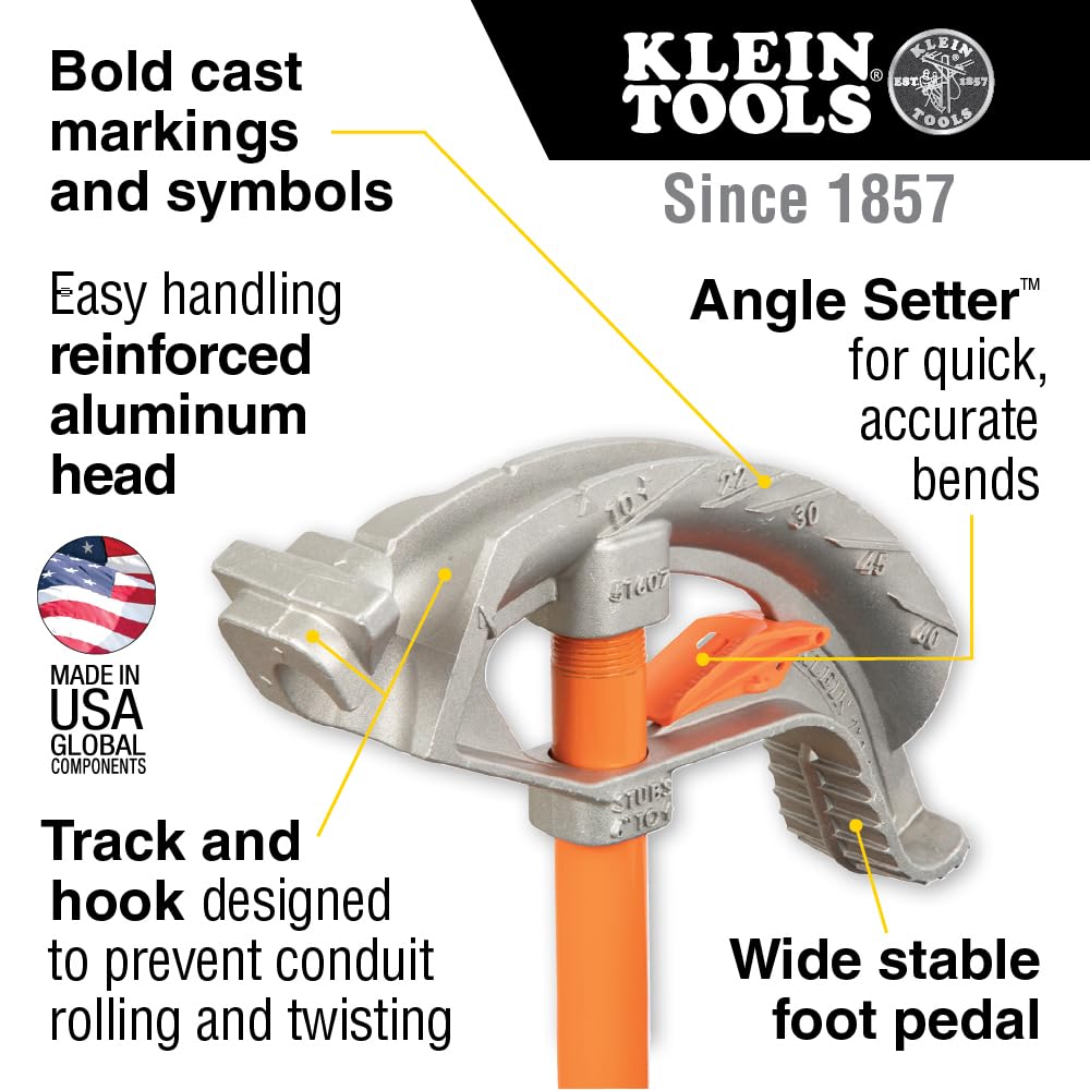 Wide foot pedal provides stable leverage during conduit bending.