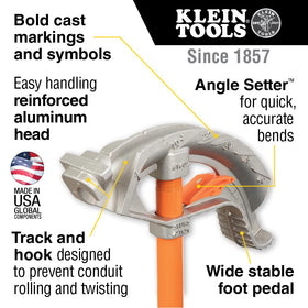 Wide foot pedal provides stable leverage during conduit bending.