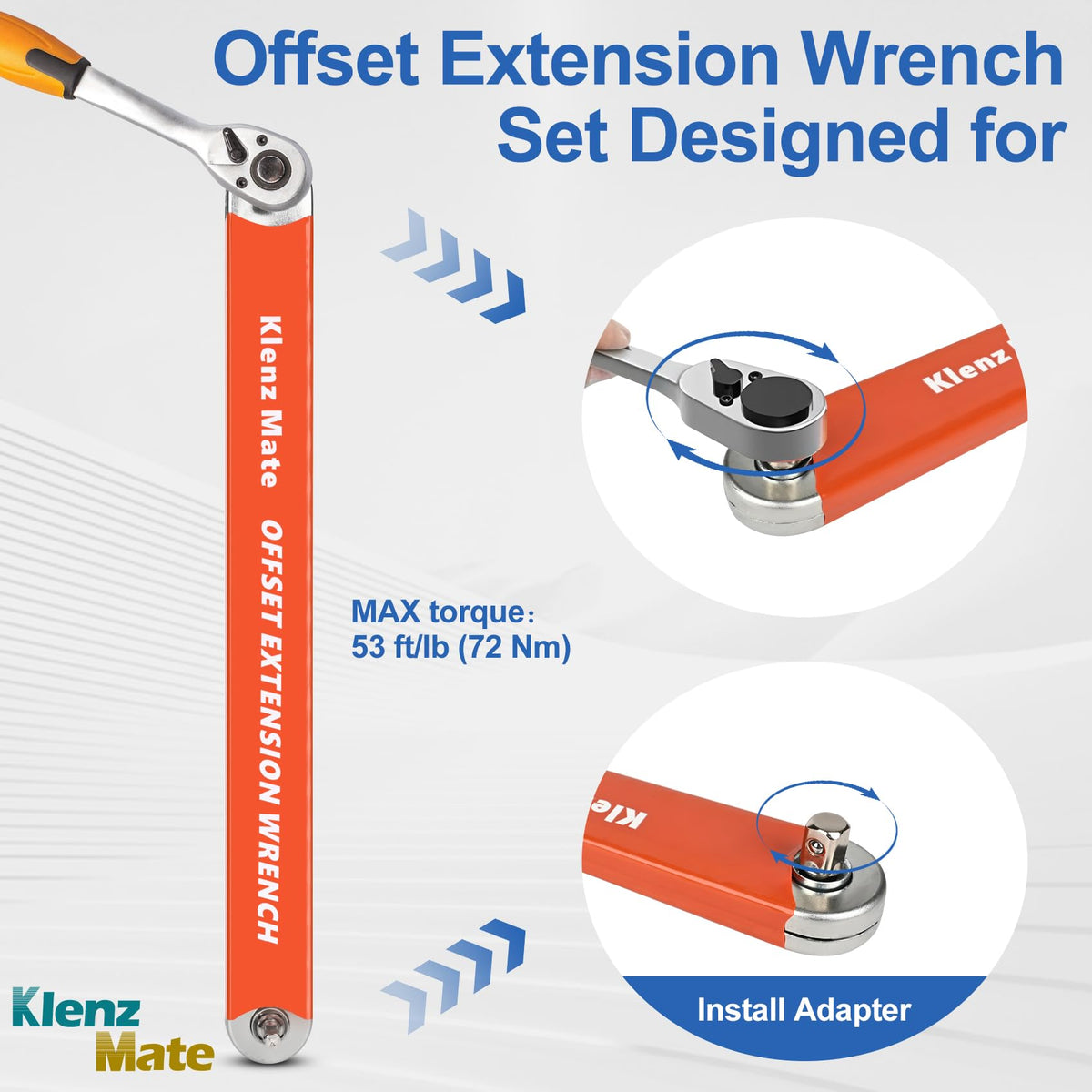 KlenzMate 1/2 inch drive adapter enables high-torque connections.