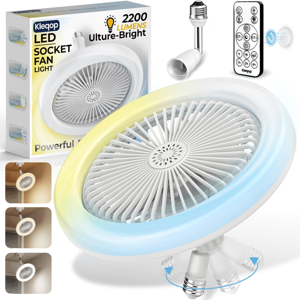 Kleqop adjustable socket fan light with remote for flexible light and breeze.